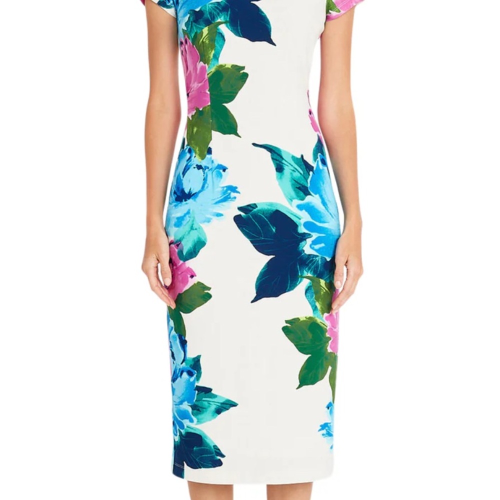 Maggy London Blue and Green Sheath Midi Dress with Flutter Sleeves
